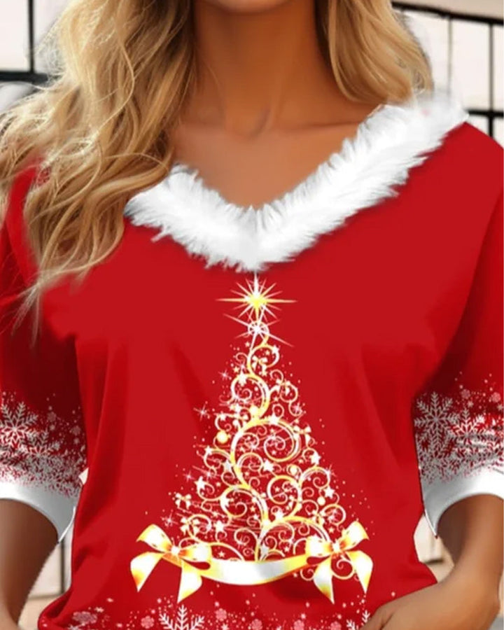 Fluffy Top with V-Neck and Christmas Tree Print