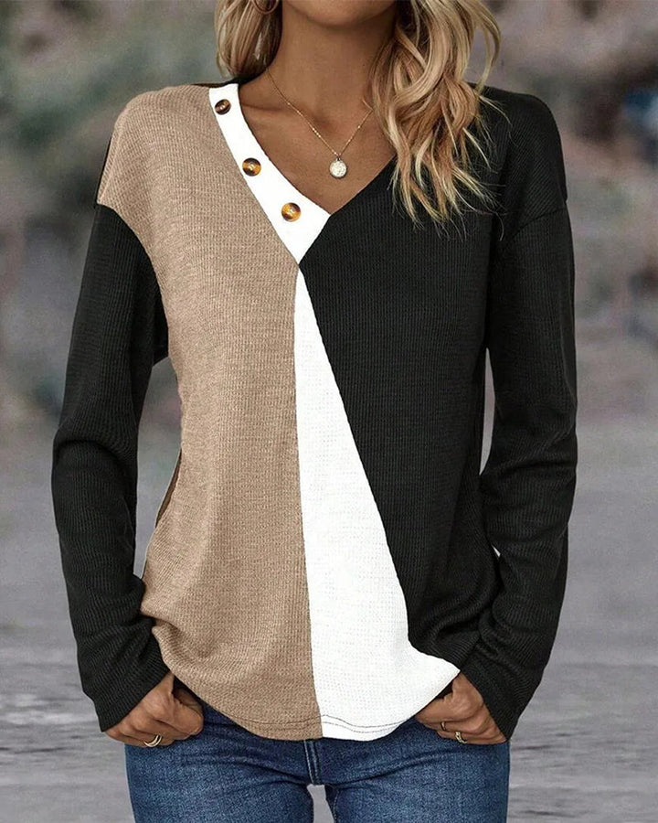 V-Neck Top with Contrast Button