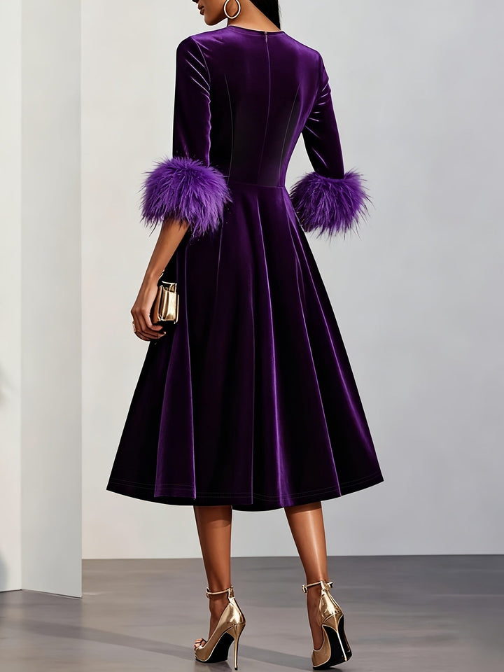 Ember - Luxe Velvet Midi Dress with Feather Cuffs