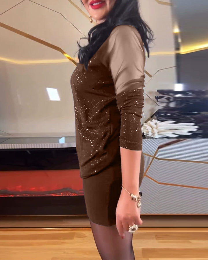 Top sexy V-neck in solid color knit and sequins