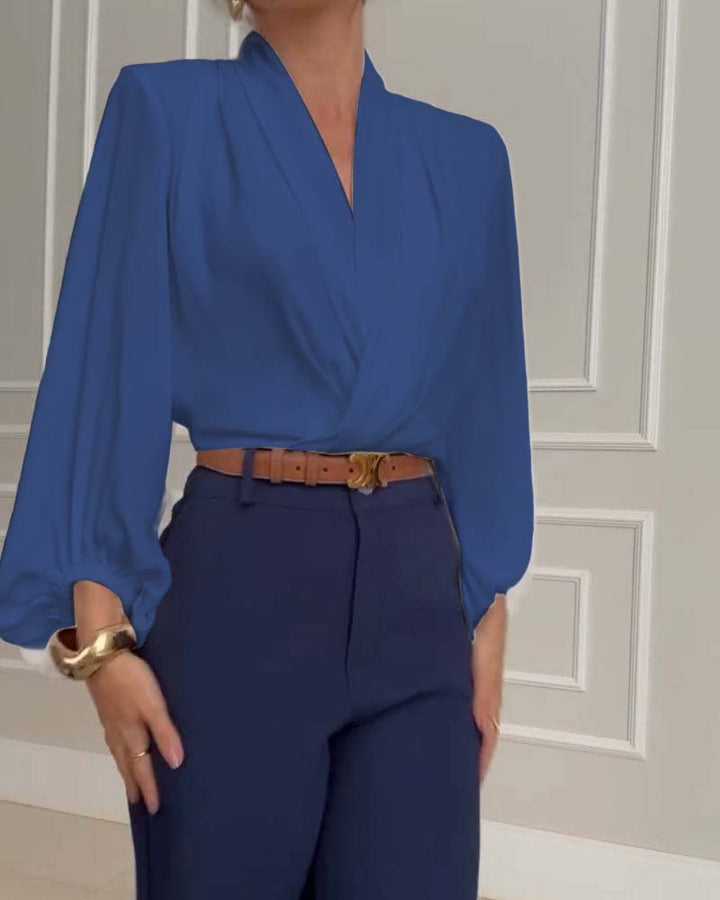 Trendy Lantern Sleeve Blouse with Solid V-Neck