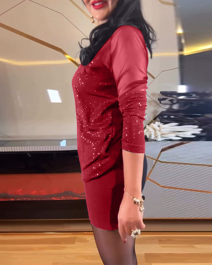 Top sexy V-neck in solid color knit and sequins