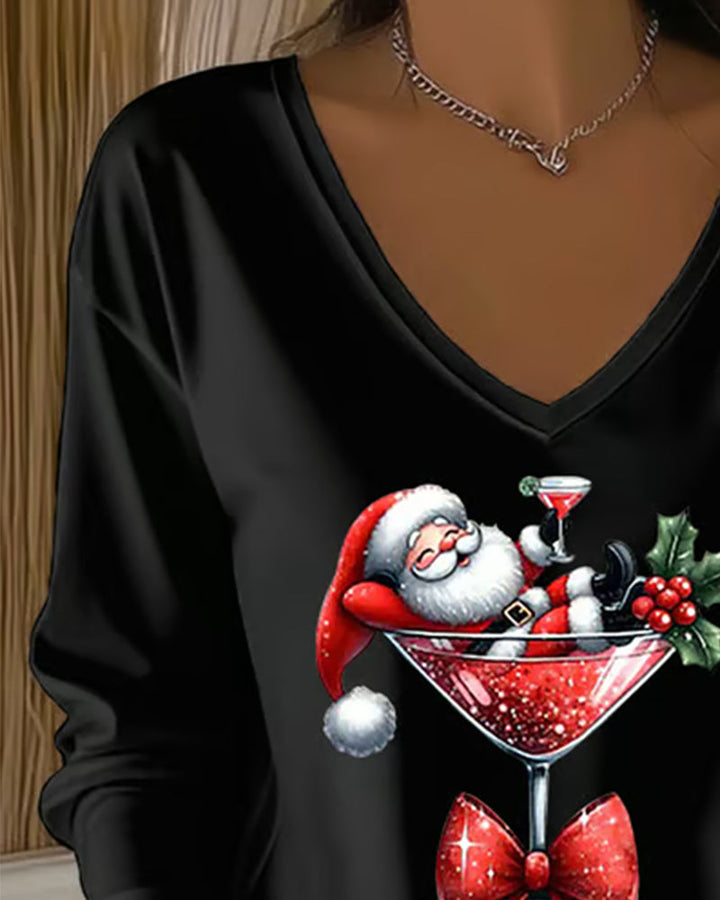 Loose V-Neck Top with Christmas Wine Glass Print