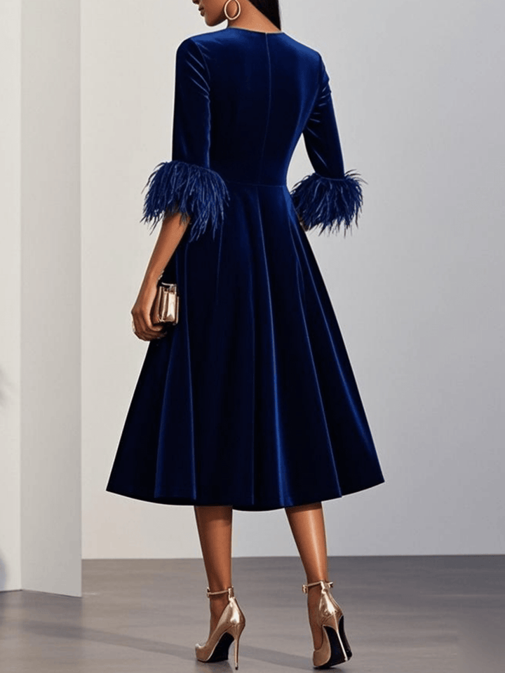 Ember - Luxe Velvet Midi Dress with Feather Cuffs
