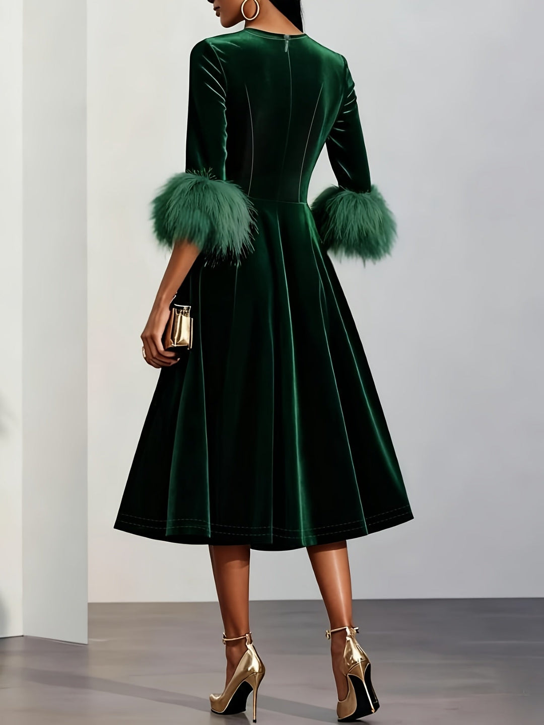 Ember - Luxe Velvet Midi Dress with Feather Cuffs