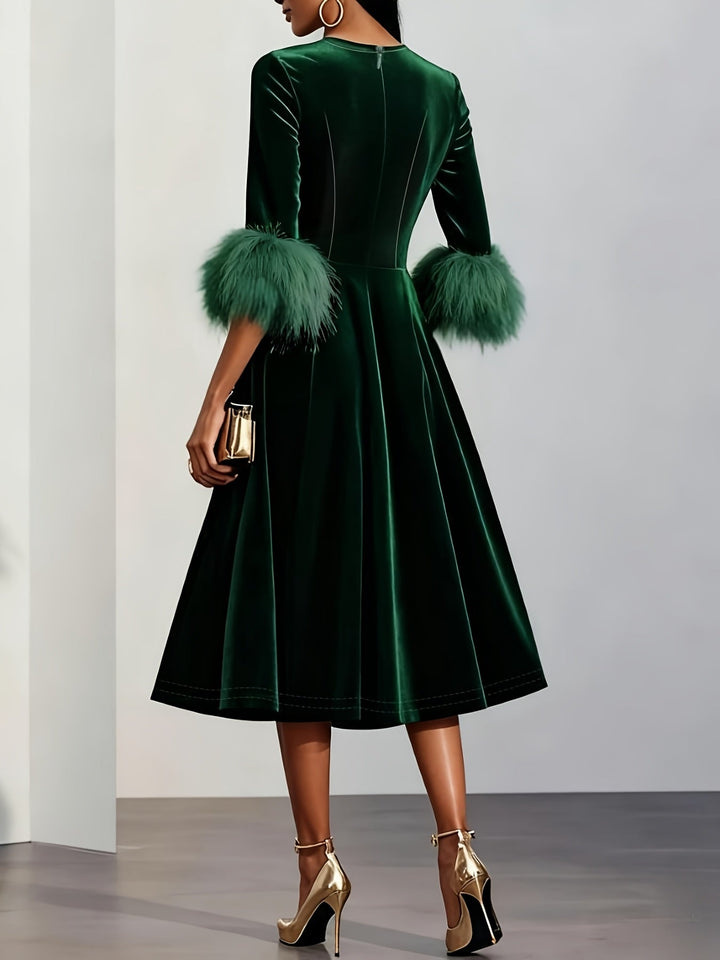 Ember - Luxe Velvet Midi Dress with Feather Cuffs