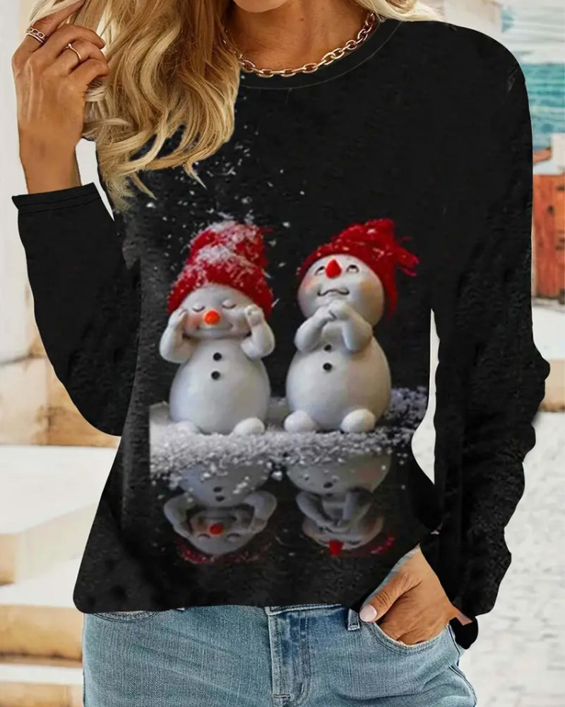 Casual Long Sleeve Crew Neck Top with Snowman Print