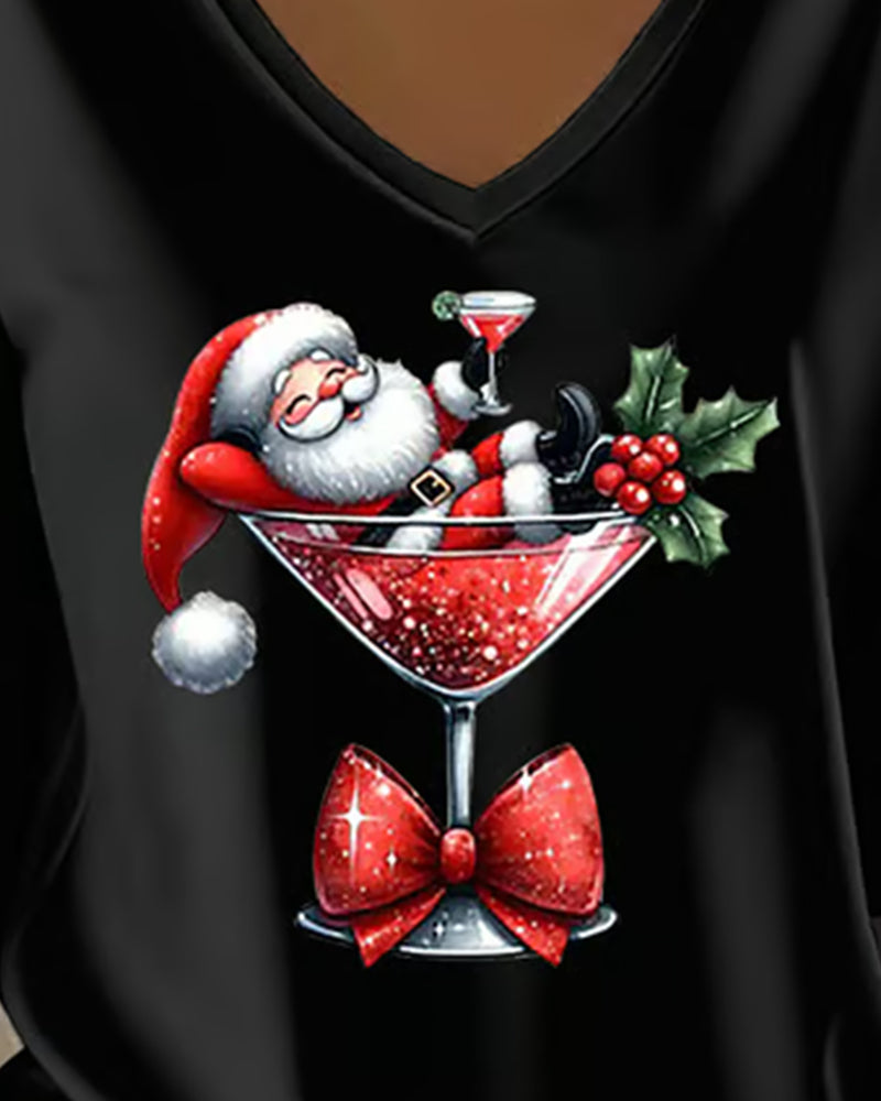 Loose V-Neck Top with Christmas Wine Glass Print