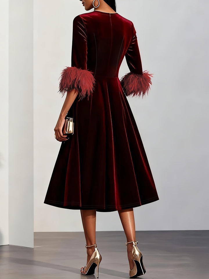 Ember - Luxe Velvet Midi Dress with Feather Cuffs