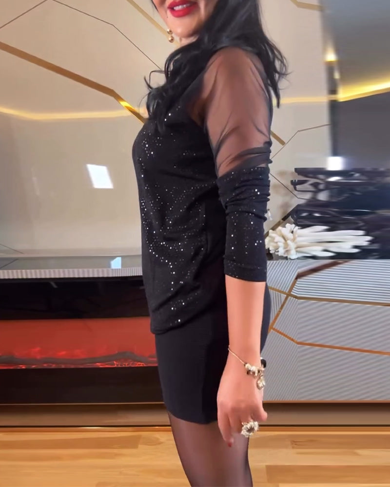 Top sexy V-neck in solid color knit and sequins