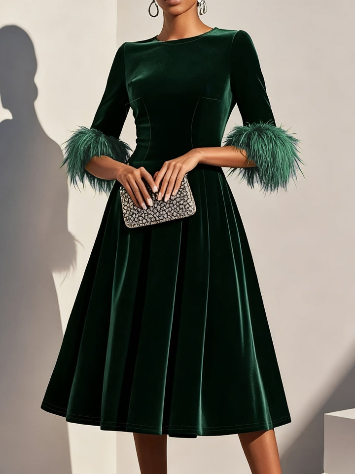 Ember - Luxe Velvet Midi Dress with Feather Cuffs