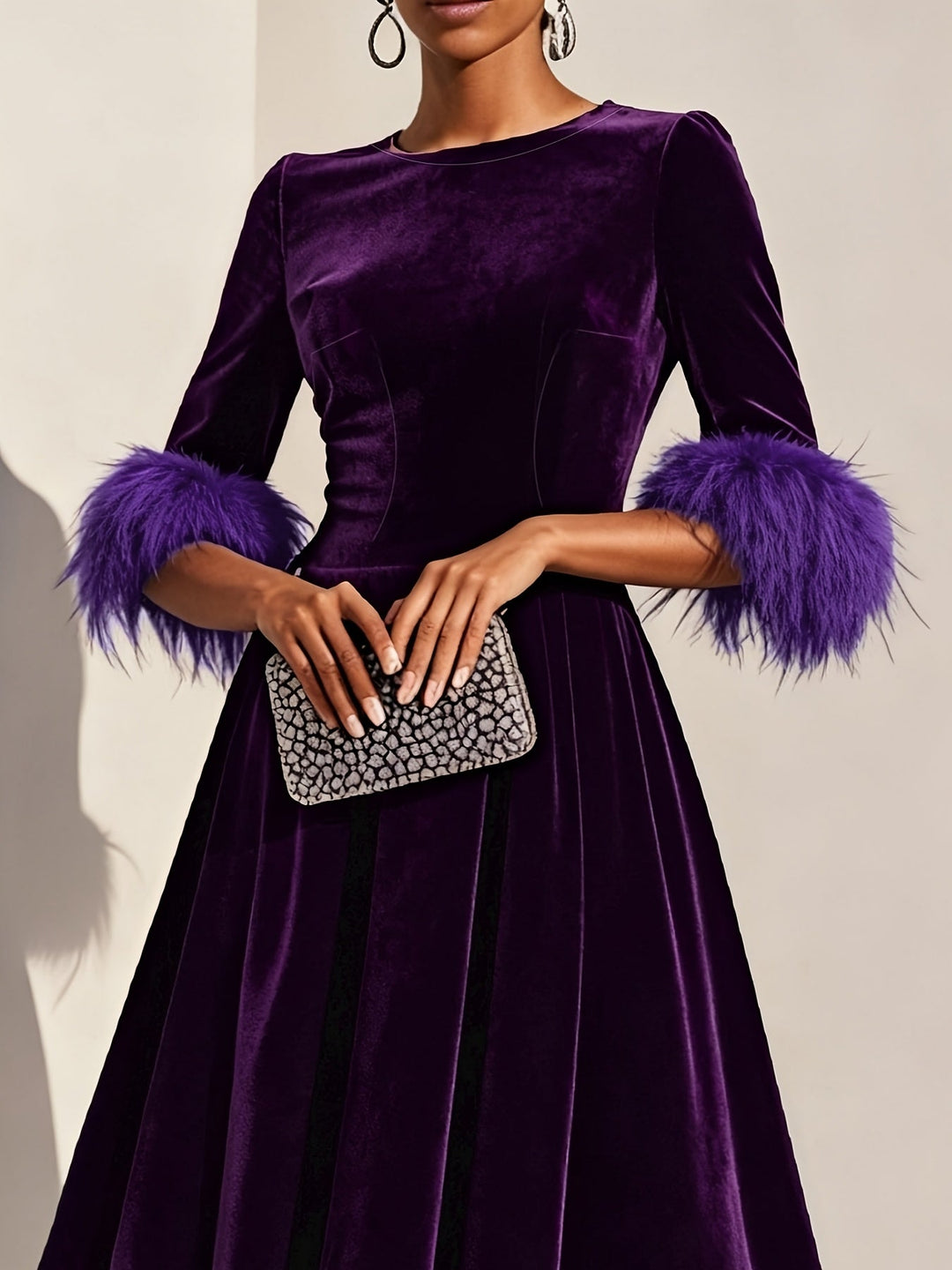 Ember - Luxe Velvet Midi Dress with Feather Cuffs