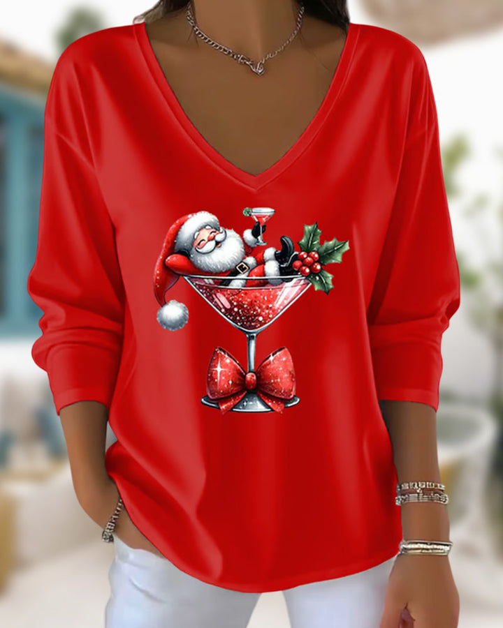 Loose V-Neck Top with Christmas Wine Glass Print