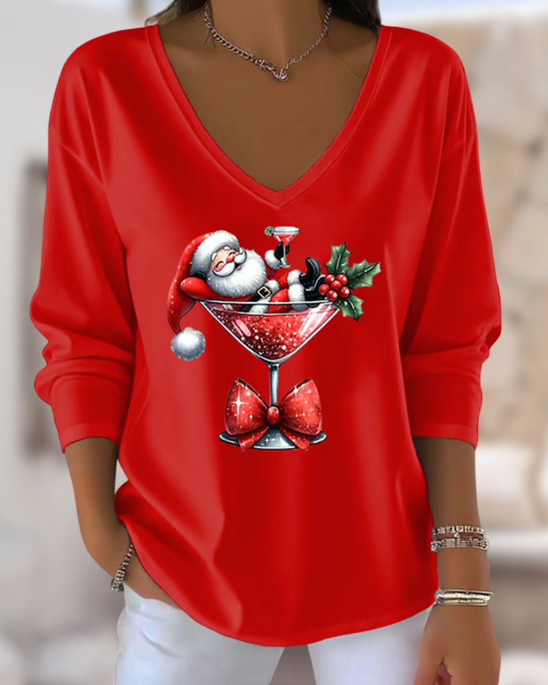 Loose V-Neck Top with Christmas Wine Glass Print