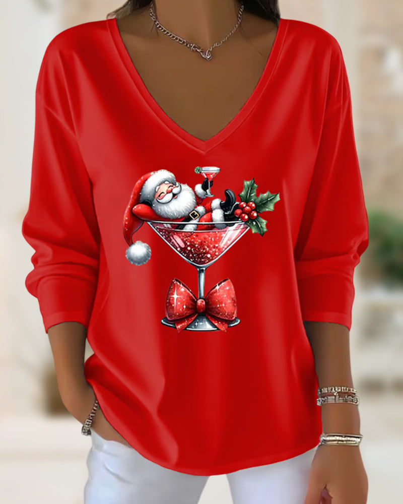 Loose V-Neck Top with Christmas Wine Glass Print