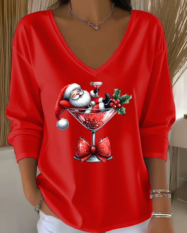Loose V-Neck Top with Christmas Wine Glass Print