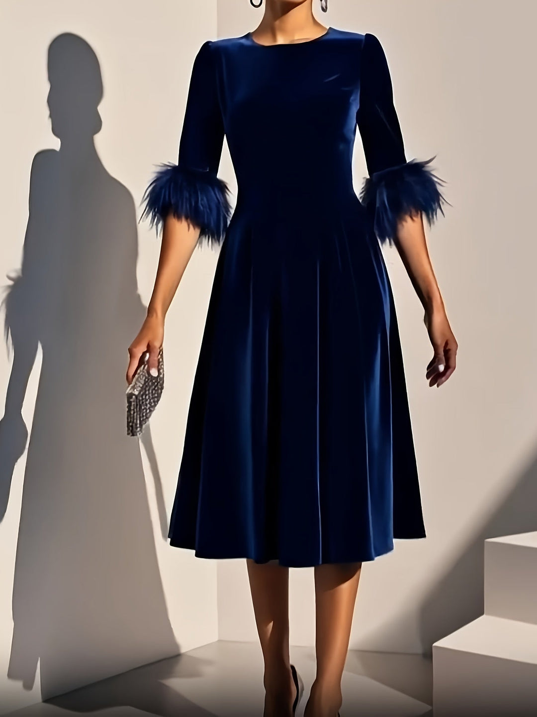 Ember - Luxe Velvet Midi Dress with Feather Cuffs