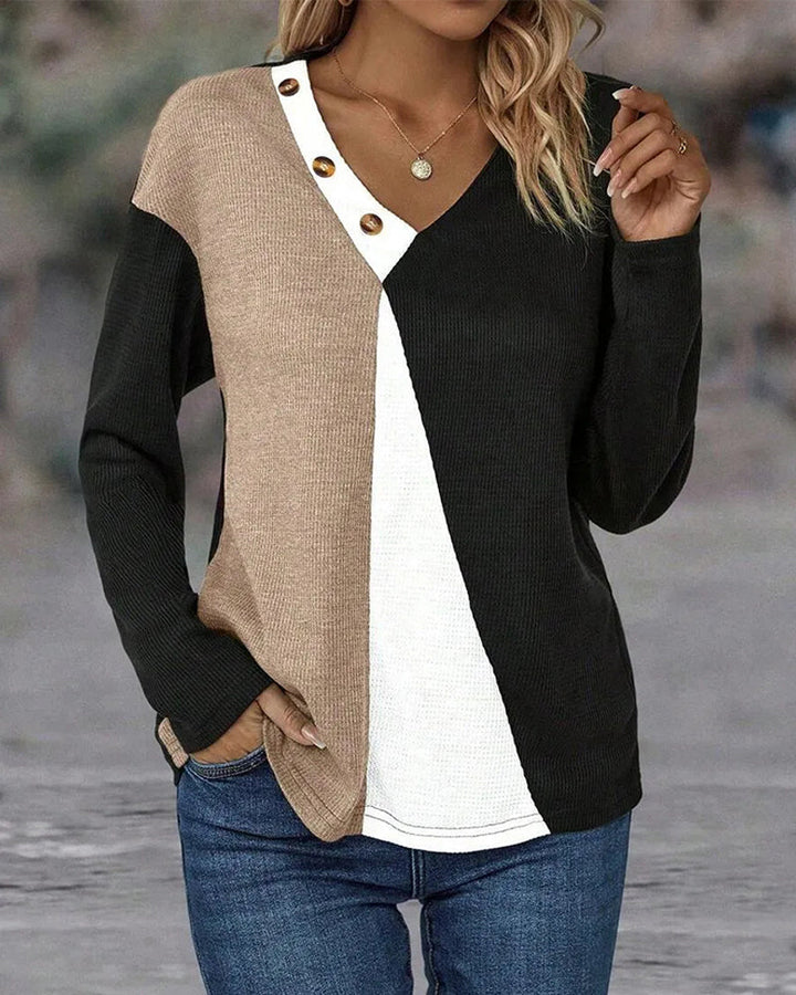 V-Neck Top with Contrast Button