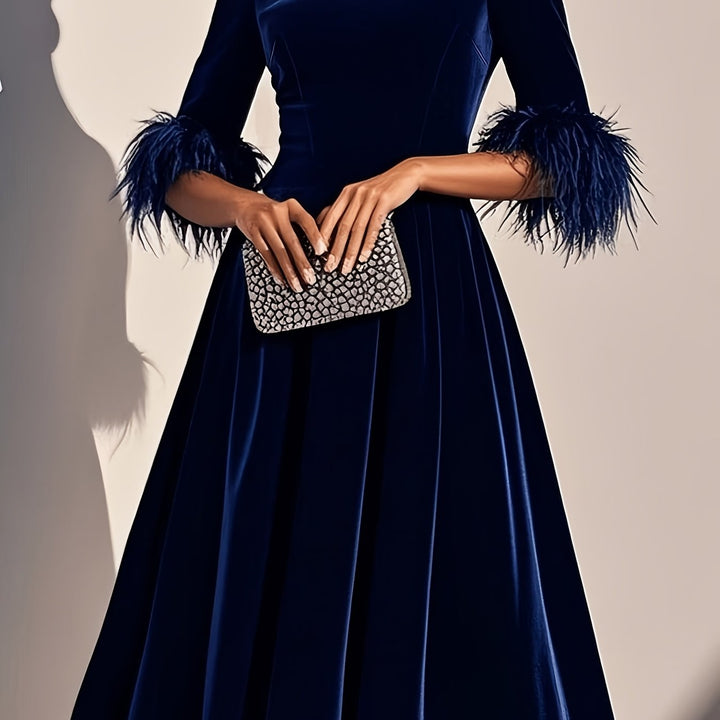 Ember - Luxe Velvet Midi Dress with Feather Cuffs