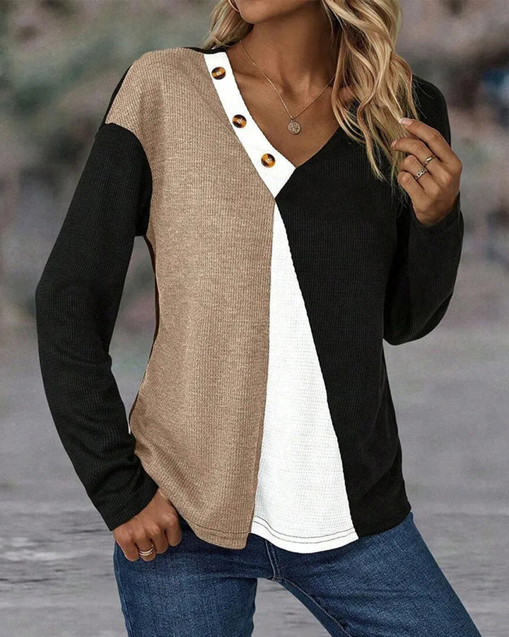 V-Neck Top with Contrast Button