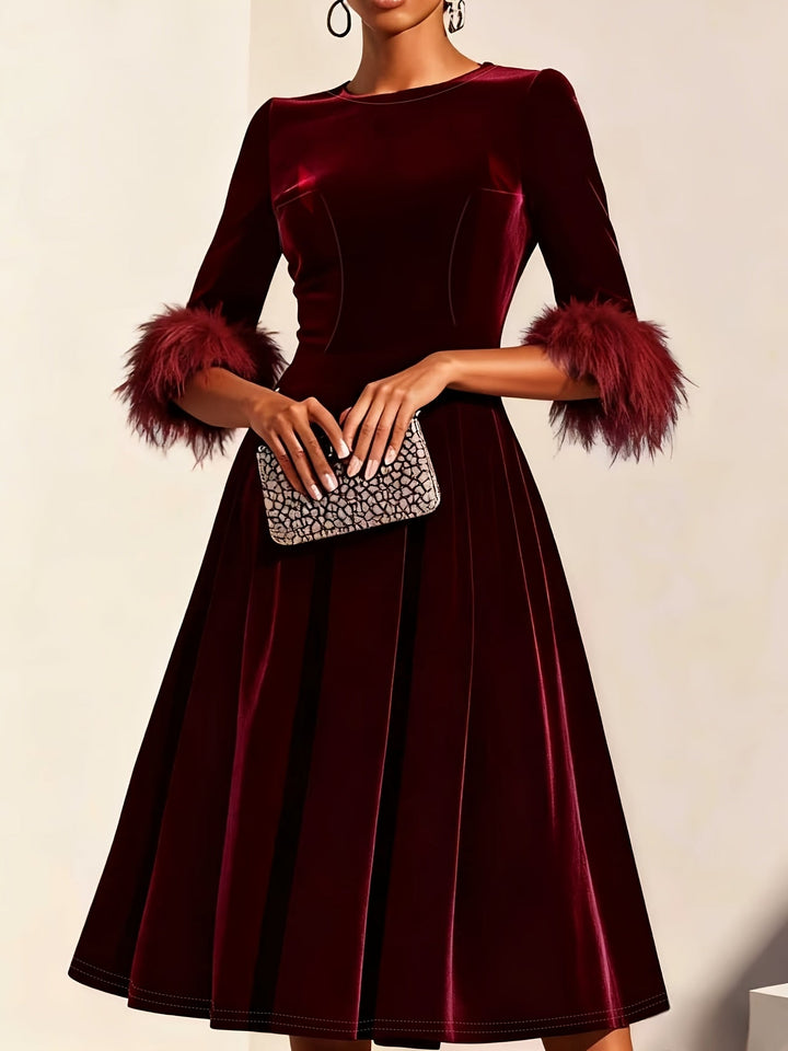 Ember - Luxe Velvet Midi Dress with Feather Cuffs